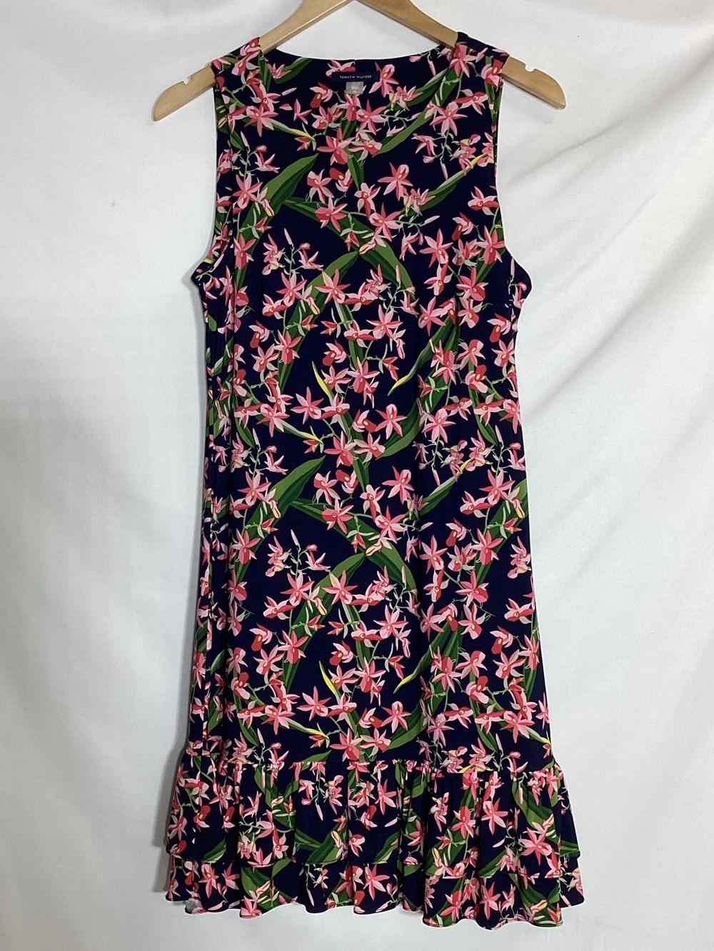 TOMMY HILFIGER Sleeveless Shift Dress Floral Print Ruffle Bottom Size 10